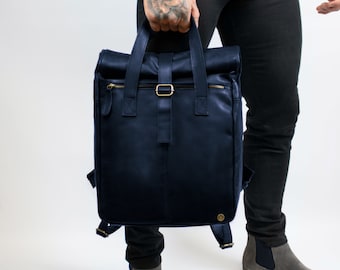 Navy Leather Roll Top Backpack with 15" Laptop Capacity - Vintage Style Leather Rucksack - Unisex Personalised Hipster Backpack by MAHI