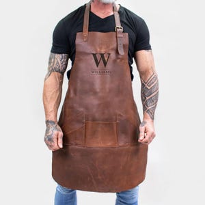 Personalized Apron with Custom Laser Monogram | Full Grain Leather Apron Gift For BBQ, DIY, Butcher, Woodwork, Grilling, Fathers Day Gift