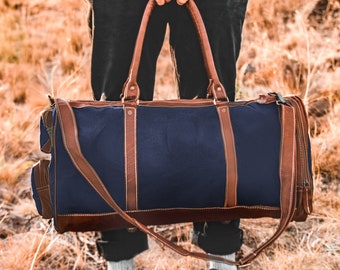 Personalized Canvas Leather Holdall/Duffle - Weekend Bag/Overnight Bag - Gym Bag - Navy Blue Waxed Canvas & Brown Full Grain Leather by MAHI