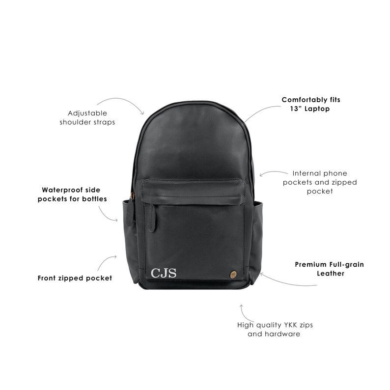 Personalized Black Leather Backpack with Side Pockets and 13 Laptop Capacity For School Work College Unisex Monogram Rucksack by MAHI image 2