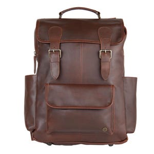 Personalized Initials 16&quot; Macbook Backpack | Brown Leather Square Rucksack with Water Bottle Pockets & Multi Pockets | Mens Utility Backpack