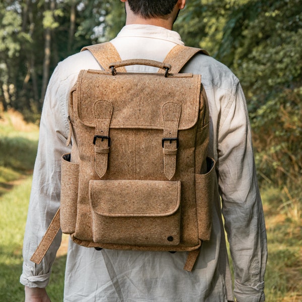 16 in Macbook Backpack - Vegan Cork Leather Rucksack with Bottle Pockets, Laptop Compartment, Multi Pockets - Personalised | Back to School