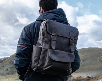 Black Leather Backpack - 16 in Utility Rucksack with Water Bottle Pockets, Laptop Compartment, Multi Pockets - Personalised | Back to School