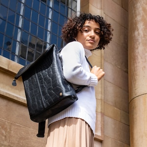 Personalized Black Leather Crocodile Print Zipped Backpack | Casual Womens Work Bag | Womens Rucksack Handmade with 15" Laptop Capacity