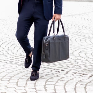 Personalized Full Grain Leather Briefcase - Work Bag - Satchel - 15 inch Laptop Capacity in Black Handmade by MAHI