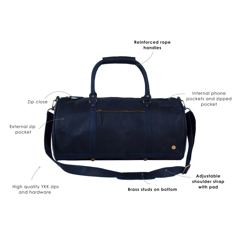 Personalized monogram navy leather duffle bag leather weekend bag overnight bag gym bag weekender holdall in dark blue by MAHI image 3