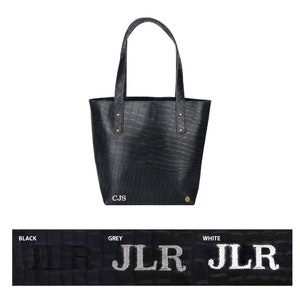 Personalized Black Crocodile Print Leather Tote Handbag in Full Grain Leather with Monogram Initials Gift For Her Handmade by MAHI image 3
