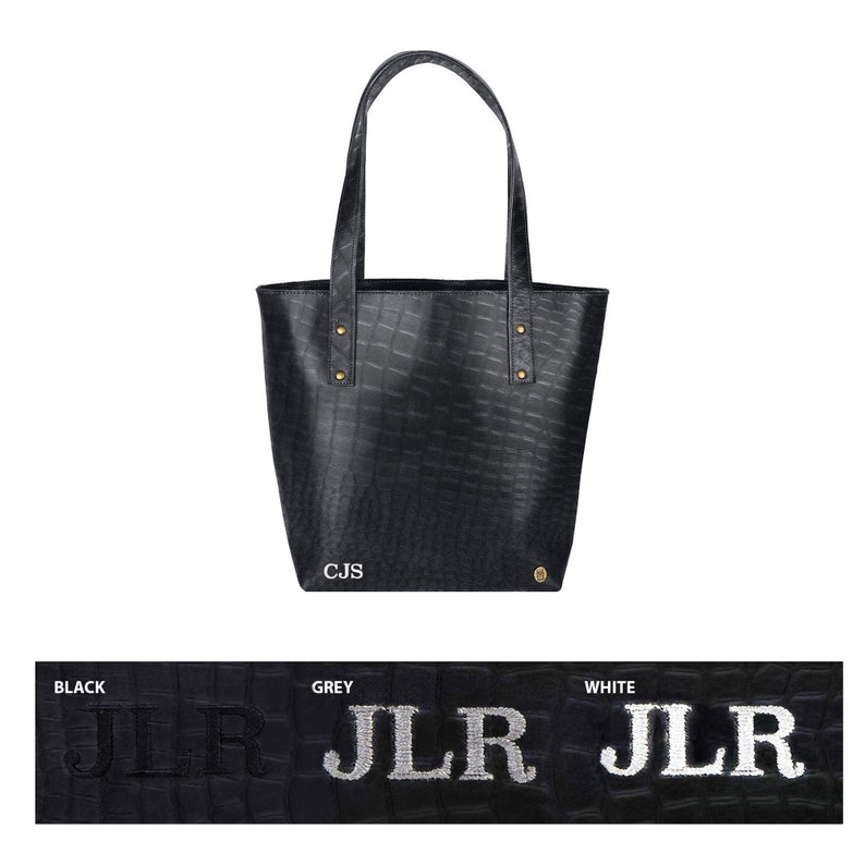 Cabas en cuir noir à imprimé crocodile personnalisé en cuir pleine fleur avec initiales monogrammes cadeau pour elle Fait main par MAHI image 3