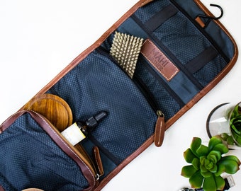 Personalized Gift For Him, Leather Hanging Wash Bag with Initials | Unique Christmas Gift For Him | Present For Brother, Dad, Son, Boyfriend