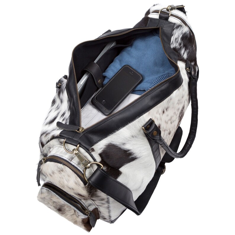 WeekendOvernight Bag in Black /& White Cow Print Pony Hair by MAHI Leather Cowhide HoldallDuffle Animal Print with Natural Fur