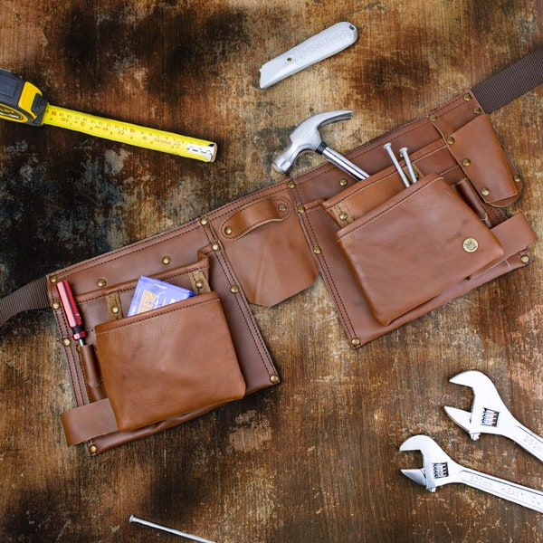 Personalized Brown Leather Tool Belt, Wrench Holder, Mechanic Tool Belt | Gift for Crafters, Mechanics, Hobbyists - Personalized Gift