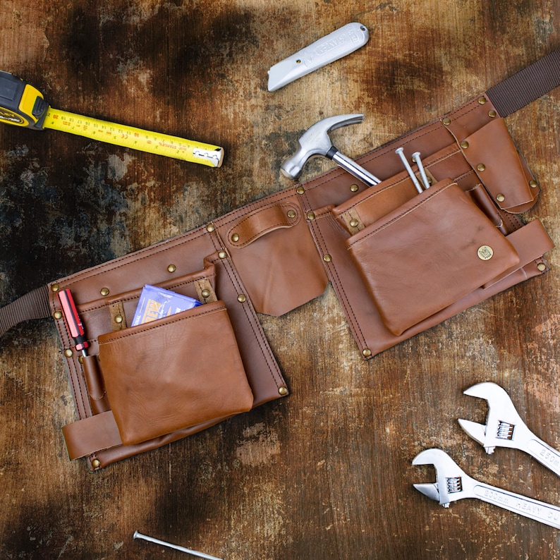 Personalized Brown Leather Tool Belt, Wrench Holder, Mechanic Tool Belt Gift for Crafters, Mechanics, Hobbyists Personalized Gift image 1