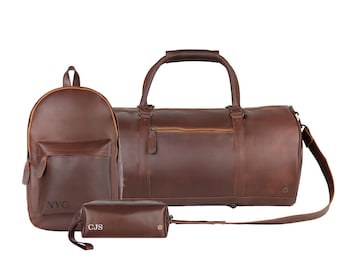 Personalized Gift Set with Leather Classic Duffle, Backpack, & Wash Bag | Duffle, Dopp Kit + Backpack Combo with Custom Monogram Initials