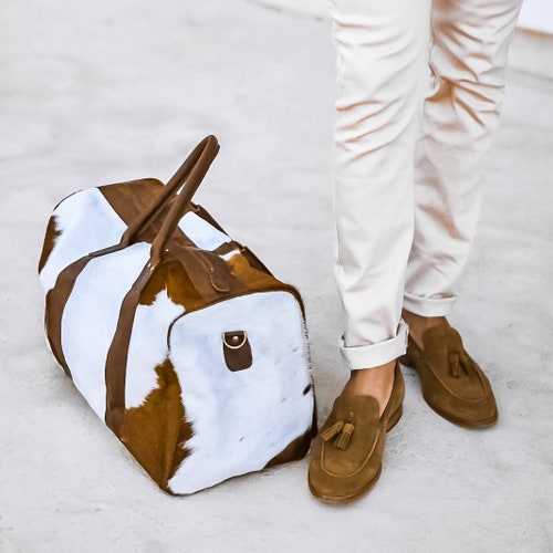Leather Cowhide Compact Holdall Duffle - Animal Print with Natural Fur - Weekend/Overnight Bag in Brown & White Cow Print Pony Hair by MAHI