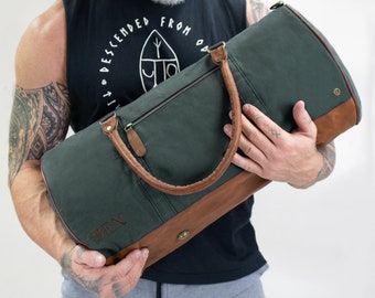 Gym Duffle Bag * HANDMADE * Green Waxed Canvas & Brown Full Grain Leather Weekend Bag - Overnight Bag - Casual - *Personalised* by MAHI