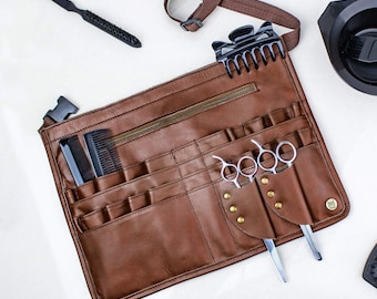 Delantal de peluquero de cuero marrón personalizado, porta tijeras, delantal de maquillaje, porta pinceles / Regalo para peluqueros y maquilladores