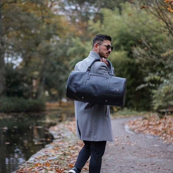 Personalized Monogram Navy Leather Duffle Bag Leather 