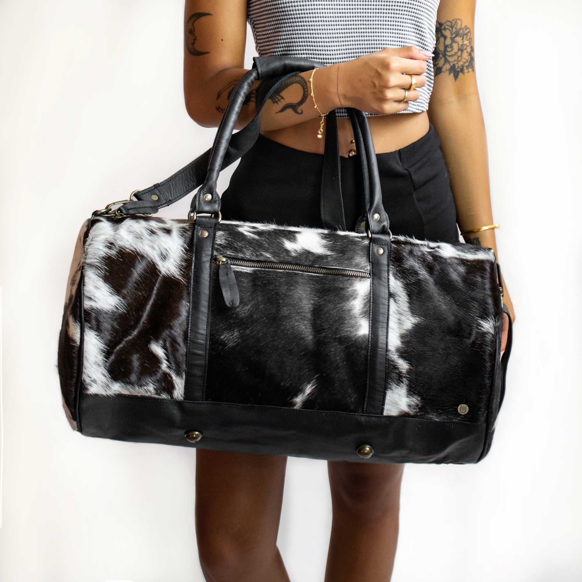 cowhide weekender bag