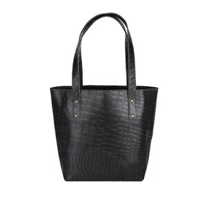Personalized Black Crocodile Print Leather Tote Handbag in Full Grain Leather with Monogram Initials Gift For Her Handmade by MAHI image 6
