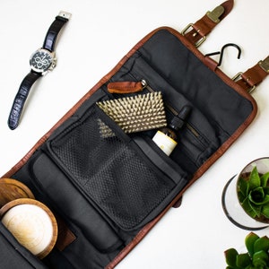 Personalized Washbag for Him Men's Shaving Kit/Dopp Kit in Full Grain Brown Leather & Waterproof Lining Premium gift for him image 1