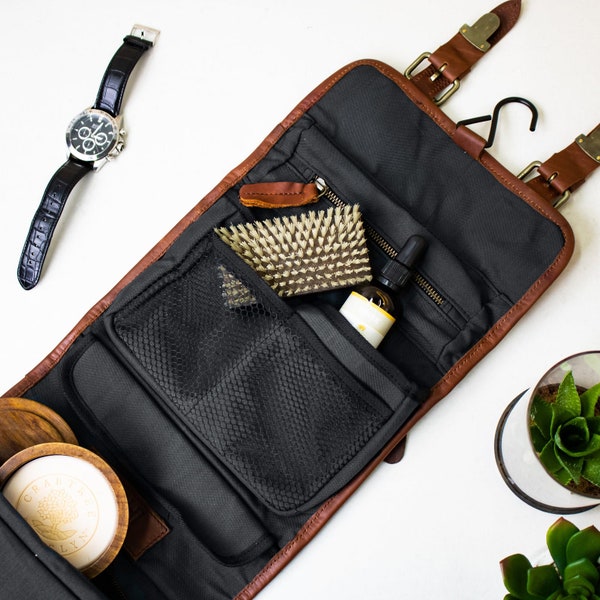 Trousse de toilette personnalisée pour homme - Trousse de rasage pour homme en cuir marron pleine fleur et doublure imperméable - Cadeau premium pour lui