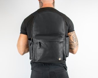 Personalized Black Leather Backpack with 16" Macbook Compartment, external side pockets and luggage strap | Unisex Rucksack | Back to School