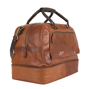 Personalized Large Leather Weekender Holdall Bag with Under Compartment for Shirts Brown Leather Overnight Bag For Him Travel Bag image 3