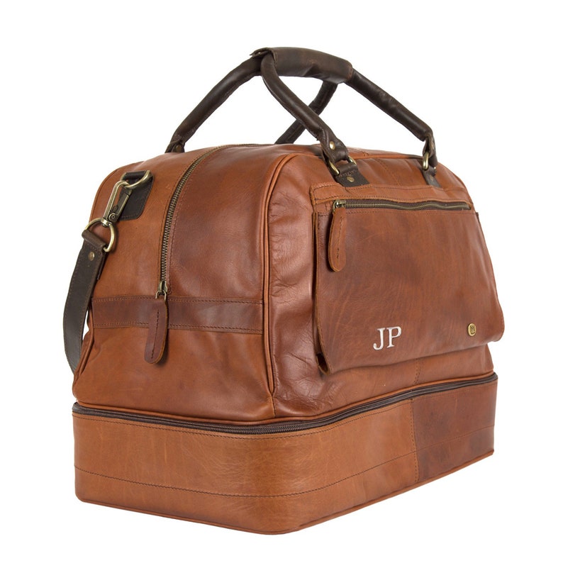 Personalized Large Leather Weekender Holdall Bag with Under Compartment for Shirts Brown Leather Overnight Bag For Him Travel Bag image 3