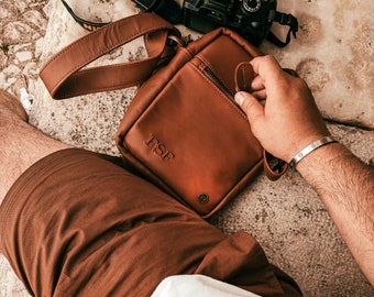 Personalized Brown Leather Flight Bag | Cross Body Bag For Men | Small Pouch Bag For Festivals City Breaks Travel Handmade by MAHI