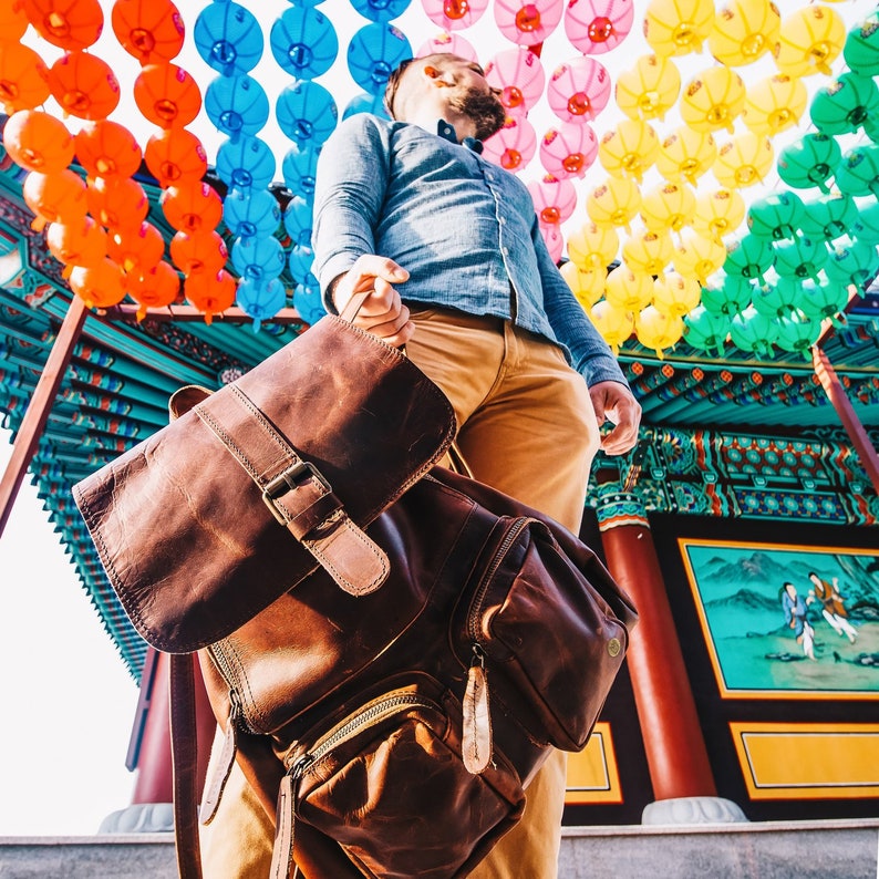 Personalized Full Grain Leather Backpack / Rucksack with double pockets Casual For Work in Brown For Him For Her Unisex Handmade by MAHI 