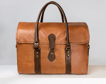 Personalized Large Brown Leather Travel Bag Weekender Holdall Overnight Bag with Monogram Initials in Two Tone Handmade by MAHI