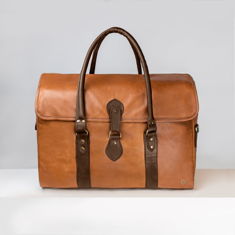 Personalized Large Brown Leather Travel Bag Weekender Holdall Overnight Bag with Monogram Initials in Two Tone Handmade by MAHI image 1