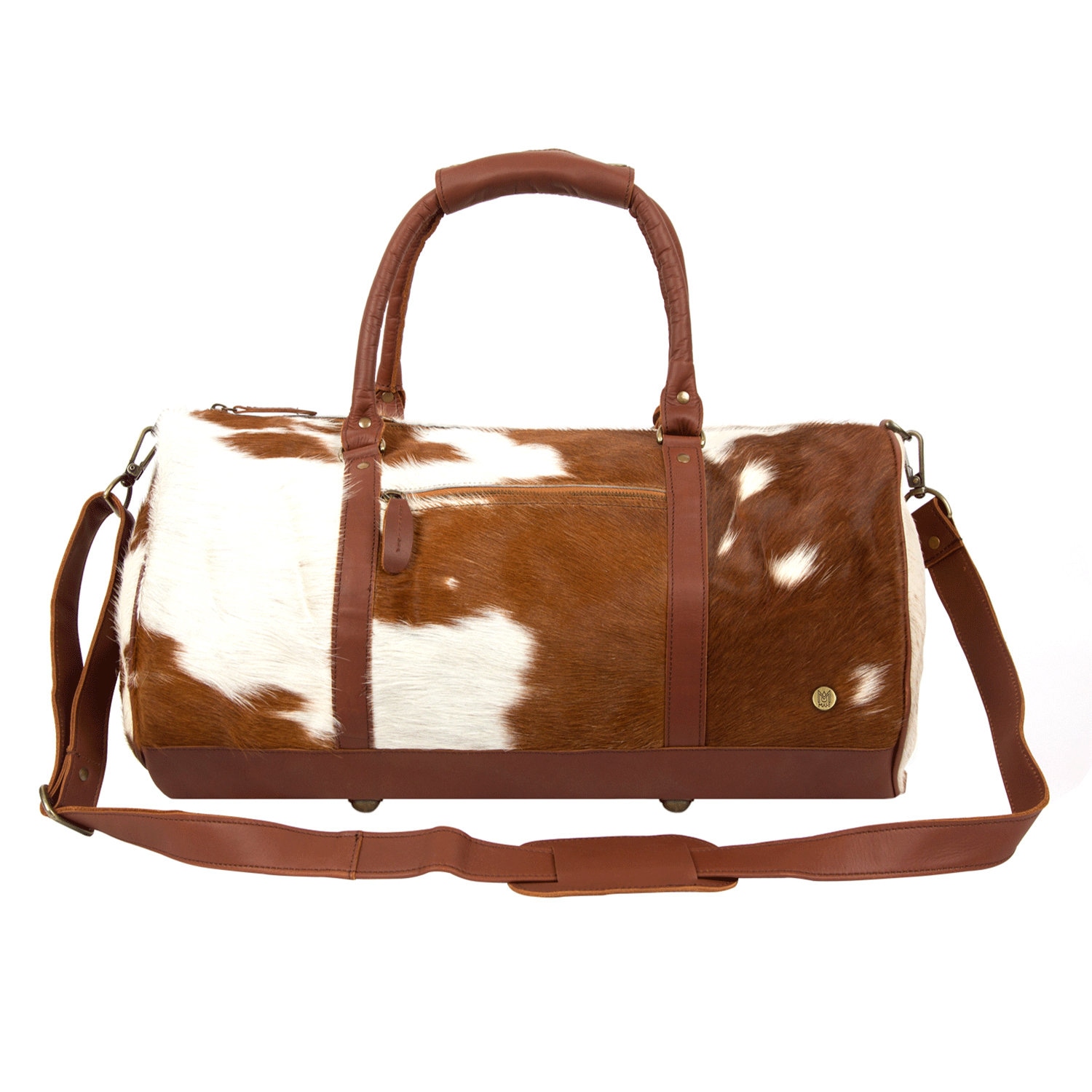Cow Print 'pony Fur' Full Grain Leather Duffle Bag - Brown & White