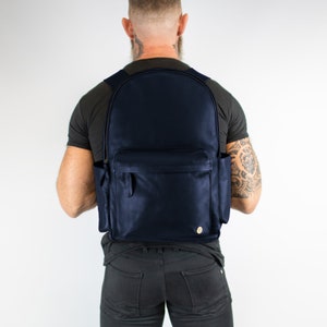 Personalized Navy Leather Backpack With 16 MacBook Compartment