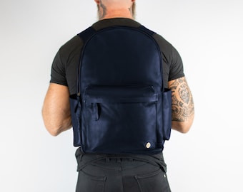 Personalized Navy Leather Backpack with 16" Macbook Compartment, external side pockets and luggage strap | Unisex Rucksack  | Back to School