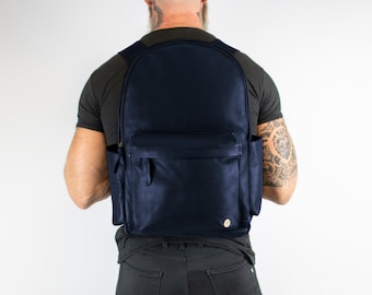 Personalized Navy Leather Backpack with 16" Macbook Compartment, External Side pockets & Luggage Strap | Unisex Rucksack  | Back to School