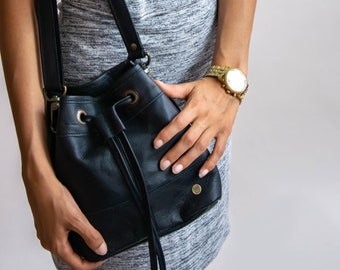 Personalized Leather Mini Bucket Bag with Drawstring – Classic Cross Body Bag in Black Handmade in Full Grain Leather by MAHI