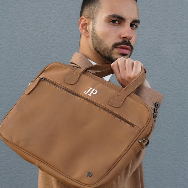 Personalized Compact Soft Leather Laptop Case - 13" Capacity - Lightweight - Leather Work Bag/Briefcase Handmade in Beige Suede by MAHI