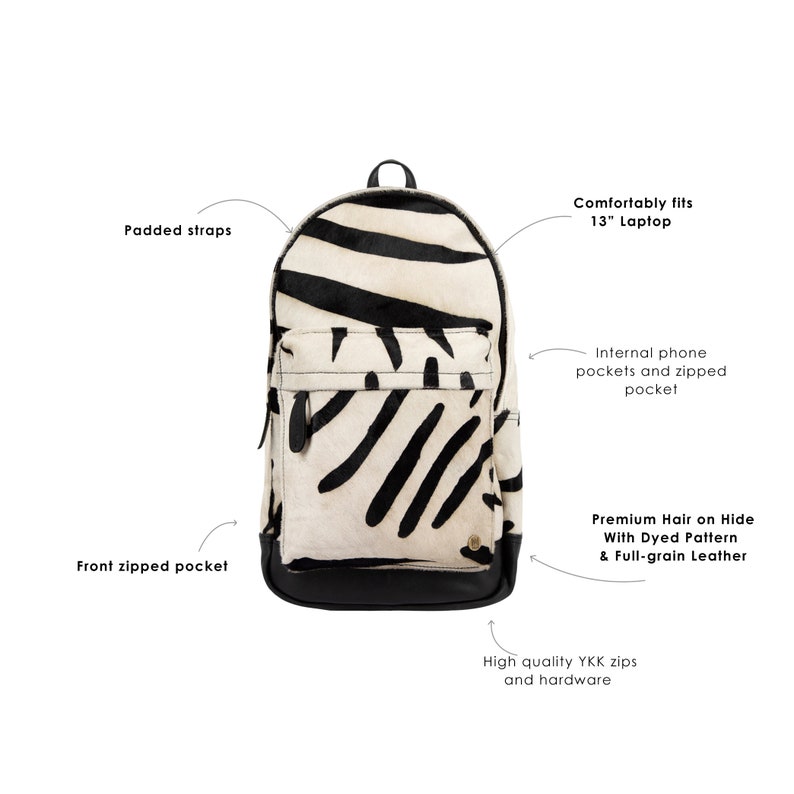 Cowhide Leather Backpack in Black and White Zebra Print Pony Hair and Full Grain Leather 13 inch laptop Handmade by MAHI Back to School image 3