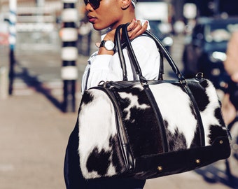 Leather Cowhide Holdall/Duffle - Animal Print with Natural Fur - Weekend/Overnight Bag in Black & White Cow Print Pony Hair by MAHI