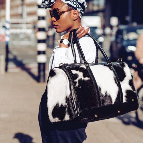 Leather Cowhide Holdall/Duffle - Animal Print with Natural Fur - Weekend/Overnight Bag in Black & White Cow Print Pony Hair by MAHI