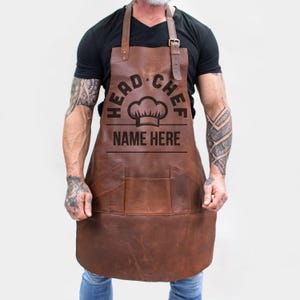 Head Chef Personalized Laser Monogram Apron | Leather Apron For Grill & BBQ | Leather Chef&#39;s Apron | Fun Gift For Dad | Father&#39;s Day Gift
