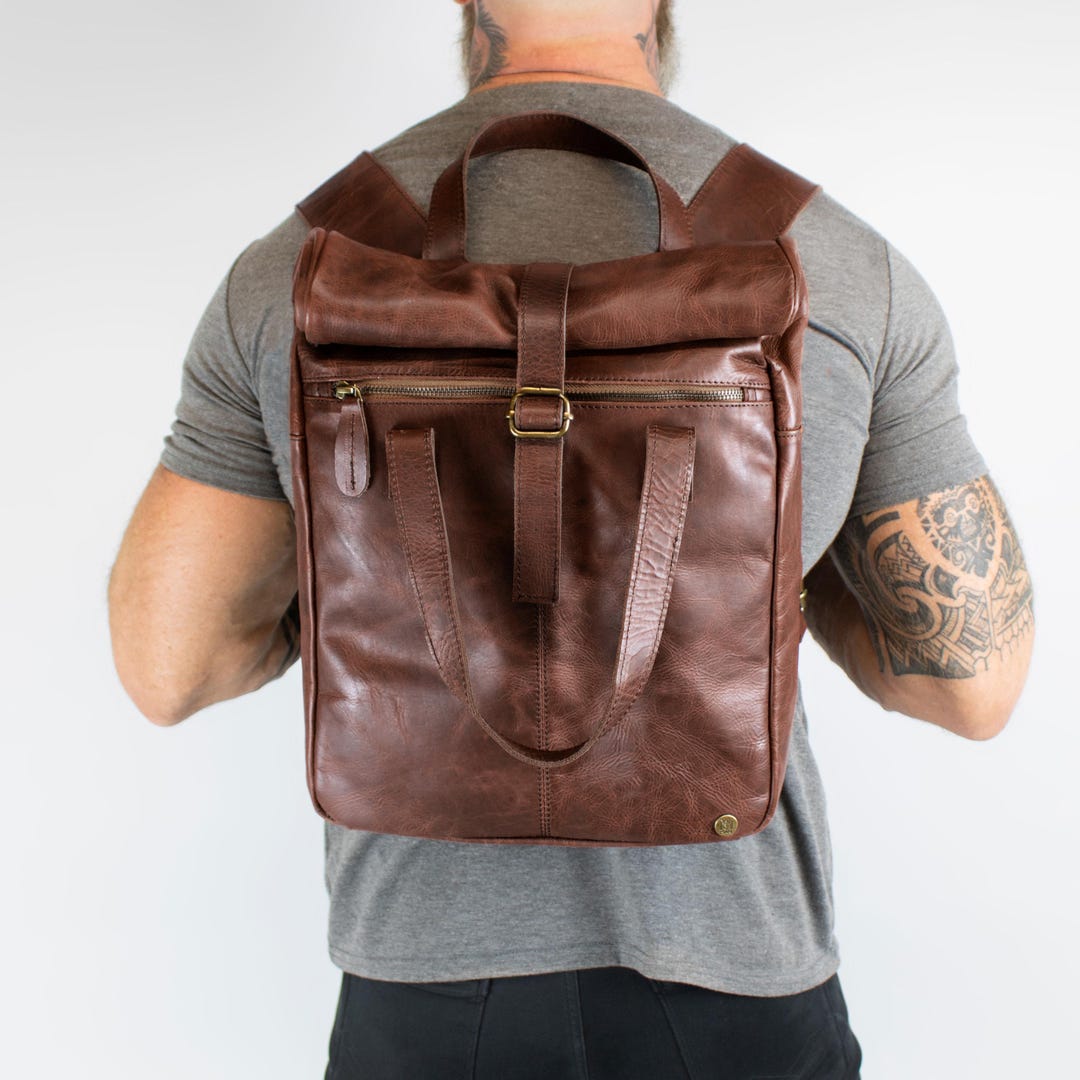 Fount Backpack Vintage Style Rustic Rolltop Backpack | Brown Full Grain Leather | Mens ...