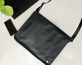 Minimalist Black Leather Satchel with Flap | 15" Laptop Bag For Work with Personalized Initials or Custom Monogram Logo | Back to School