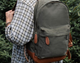 Personalized Canvas Leather Backpack with 13" Laptop Capacity in Green and Brown Unisex Mens Womens Backpack For College  | Back to School