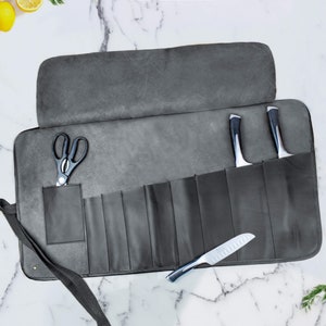 Personalized Black Leather Knife Roll Case, Kitchen Storage, Chef Knife Roll | Personalized Gift for Chef, Kitchen Professional | Knife Wrap