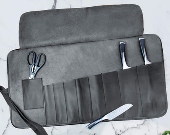 Personalized Black Leather Knife Roll Case, Kitchen Storage, Chef Knife Roll | Personalized Gift for Chef, Kitchen Professional | Knife Wrap