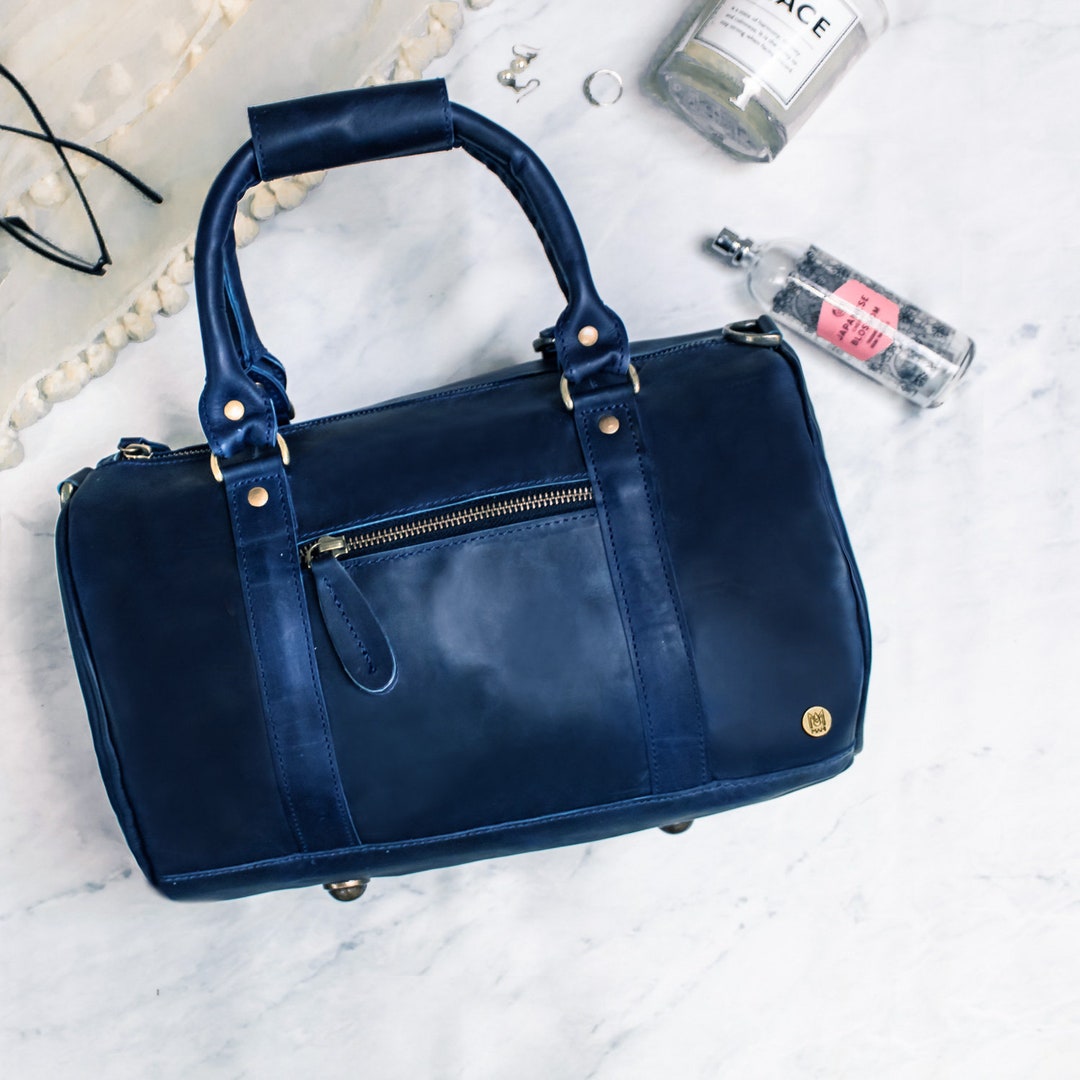 Personalized Navy Blue Leather Mini Duffle Tote Bag Handbag Etsy