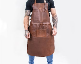 Long Distressed Multi-Pocket Leather Apron | Personalized Initials Brown Full Grain Butchers Apron For Hobbyists Woodwork Fathers Day Gift