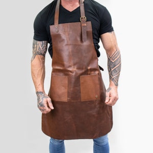 Distressed Double Pocket Leather Apron | Personalized Brown Full Grain Leather Butchers Apron For Blacksmith with Pockets| Fathers Day Gift